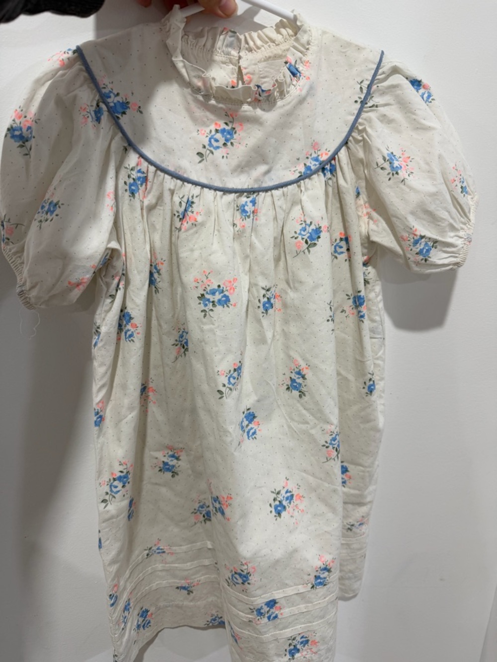 Cream Floral Puff-Sleeve Kids Dress with Blue Trim